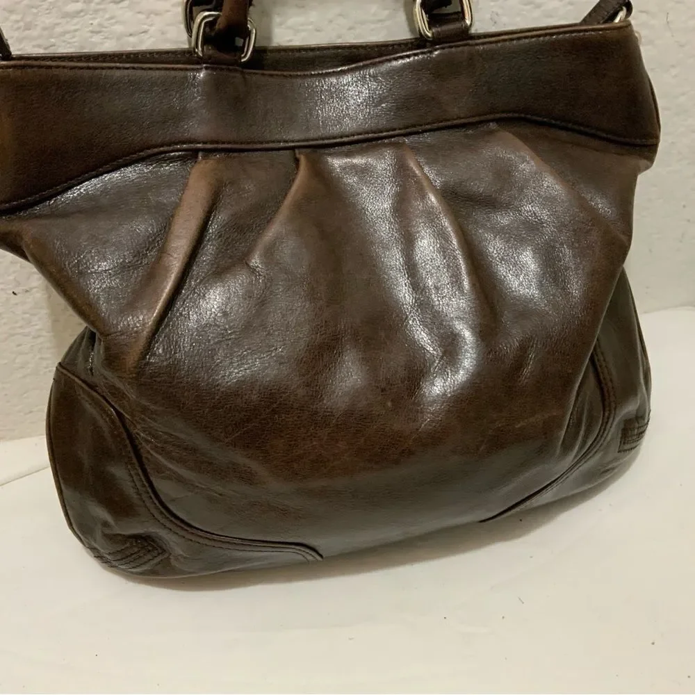 Lodis handbag double handles zip top pleated front brown